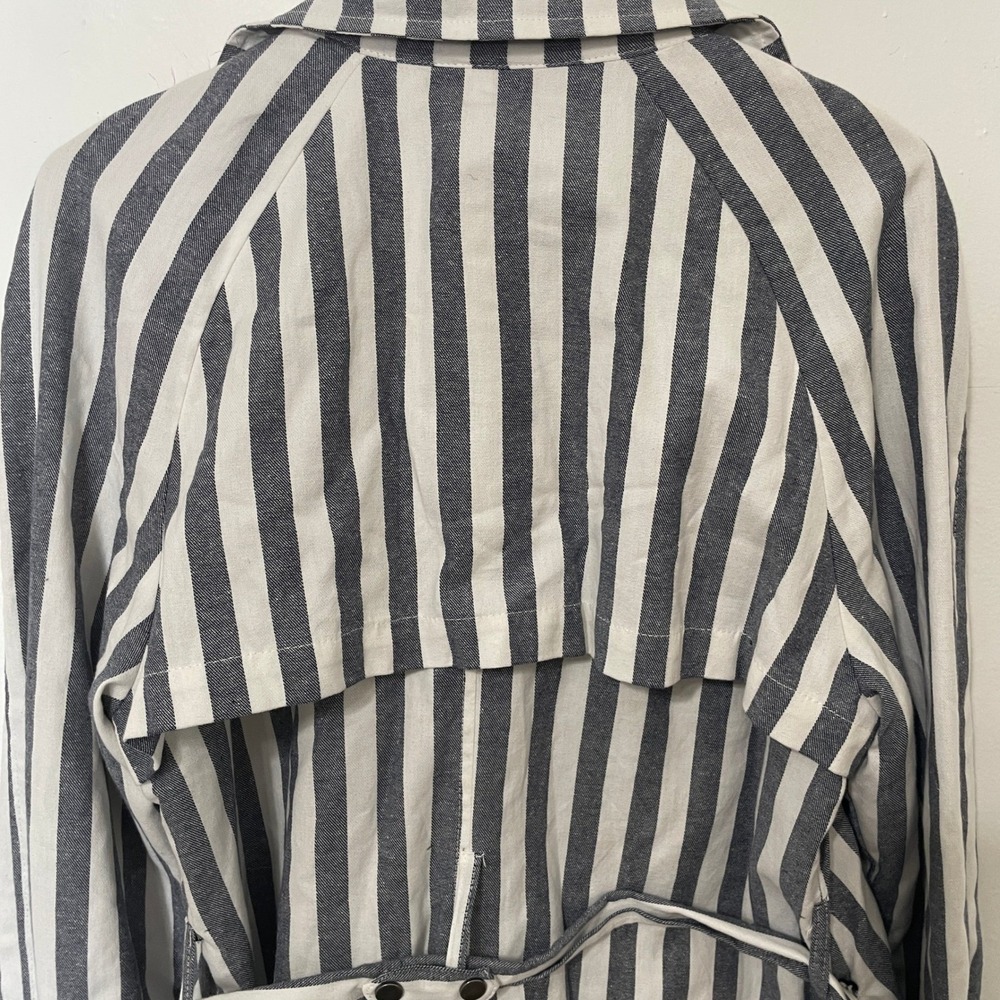 Navy Blue White Striped Double Breasted Trench Coat Jacket Belted Cuffs Large - Picture 4 of 8
